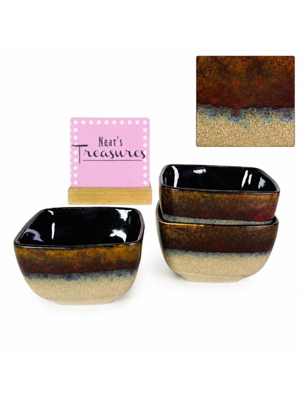 Broyhill Red Gold Cream Stripe Square Stoneware Dessert Ice Cream Bowls Set of 3